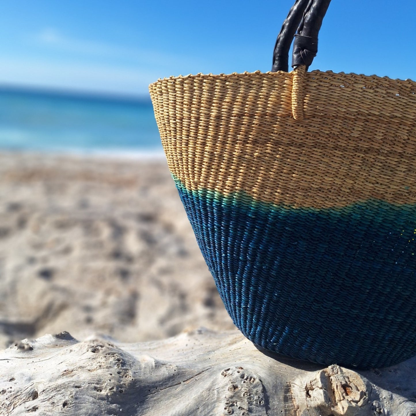 Panier Bolga - Anse en cuir noir