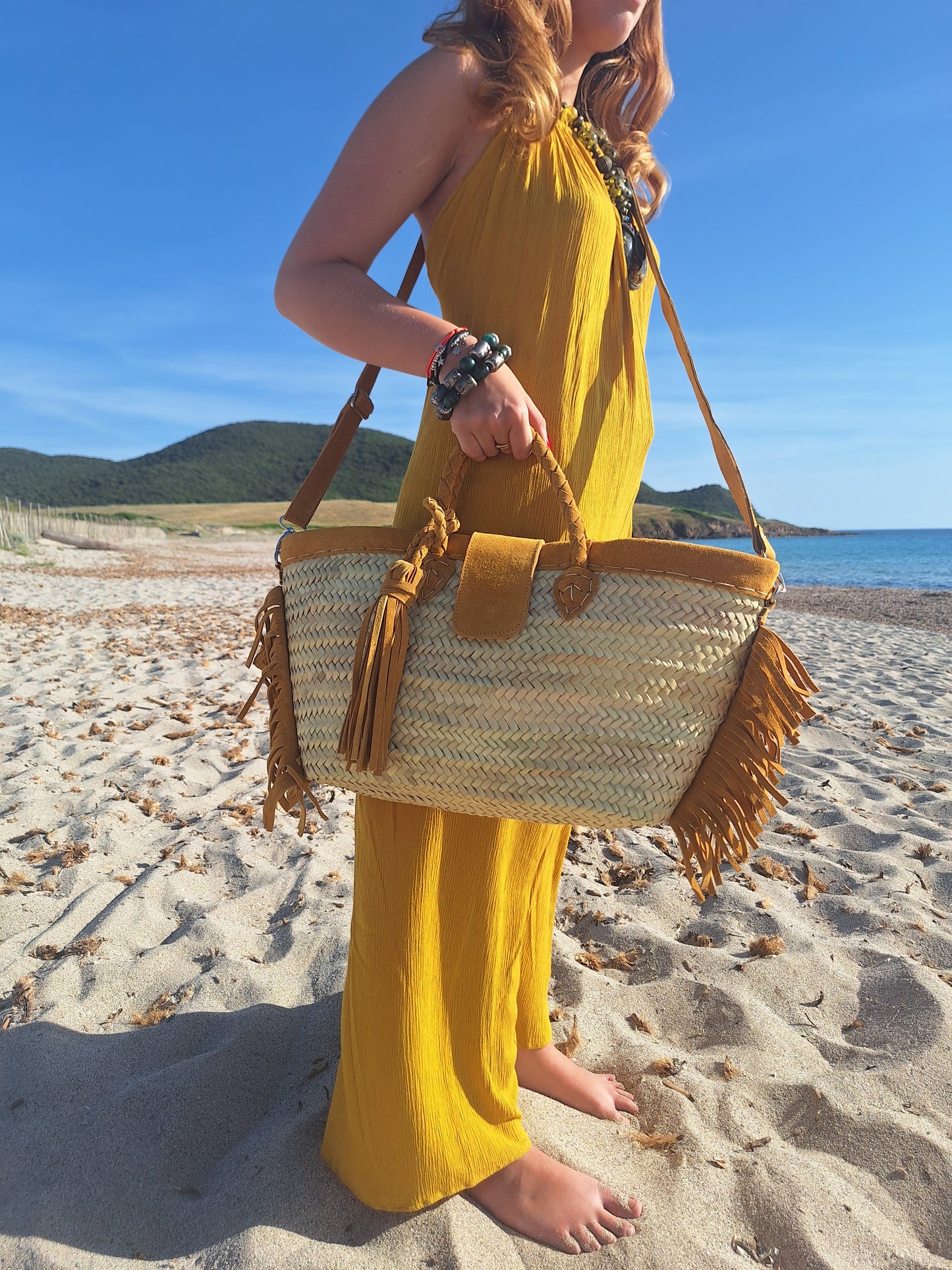 Panier Casablanca - Avec ses sublimes franges et anse en daim moutarde -20%