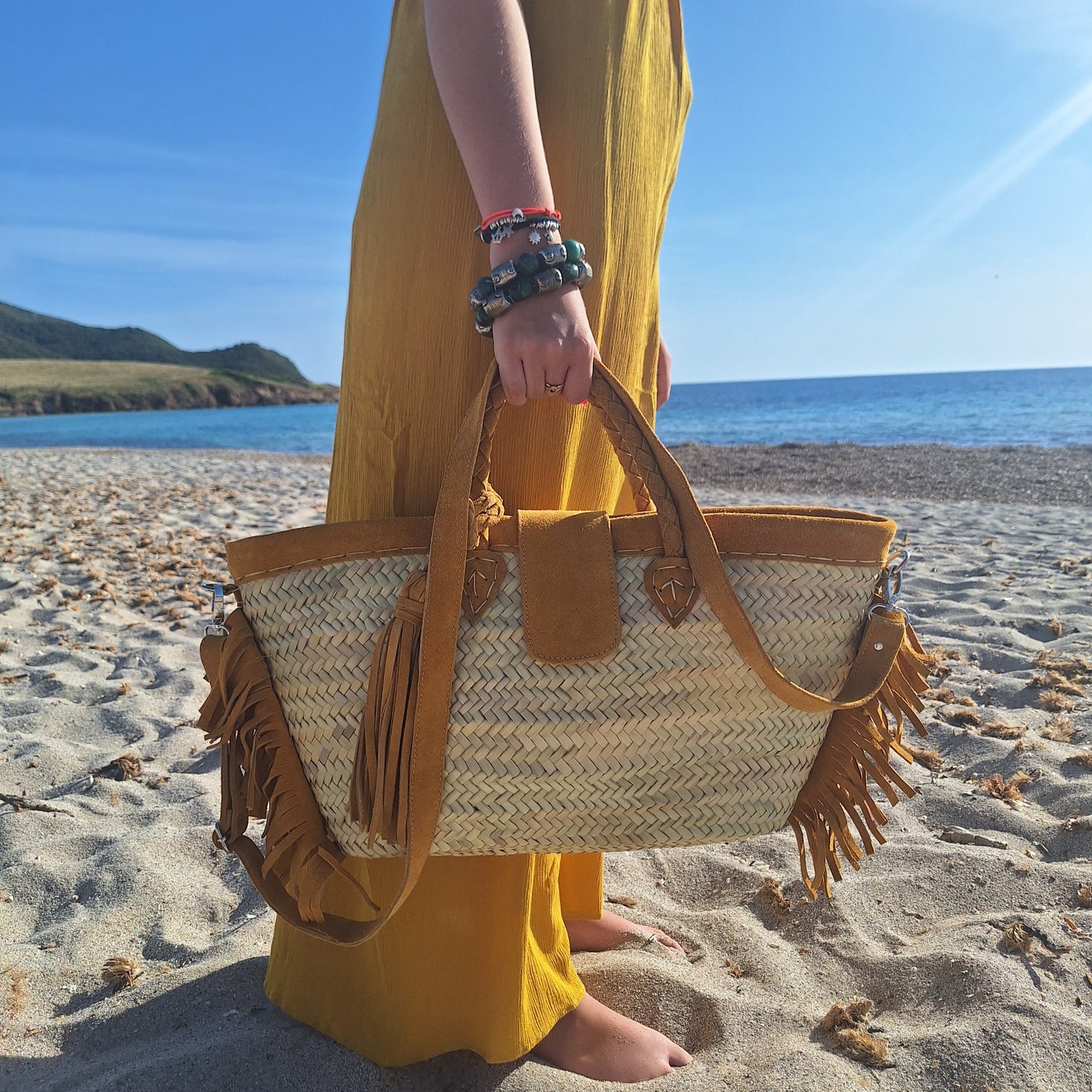 Panier Casablanca - Avec ses sublimes franges et anse en daim moutarde -20%