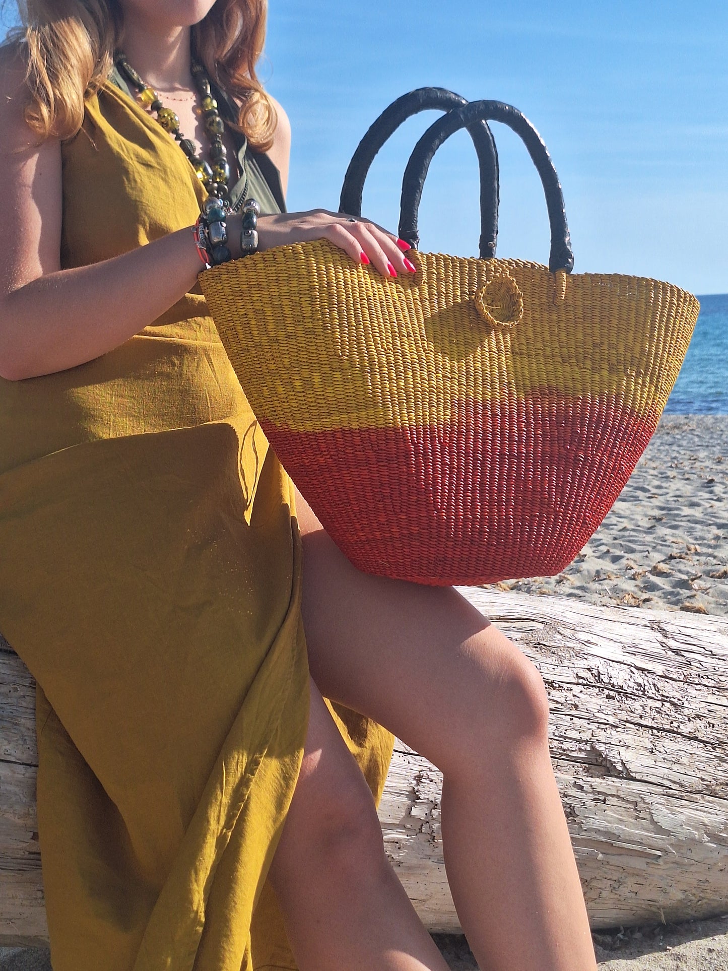 Panier Bolga Africain - Anse en cuir noir -30%