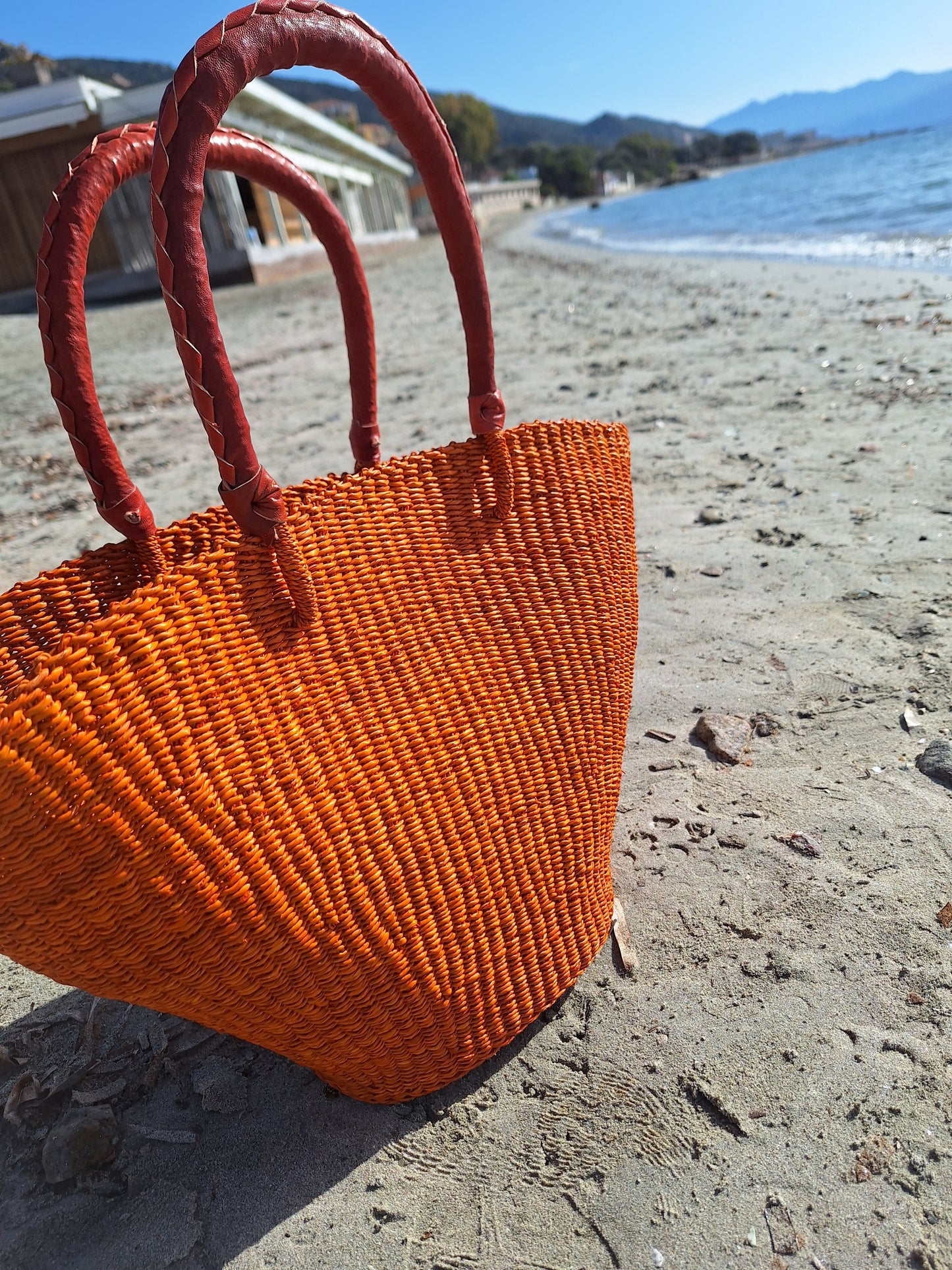 Panier Bolga Orange Africain - Anse en cuir marron
