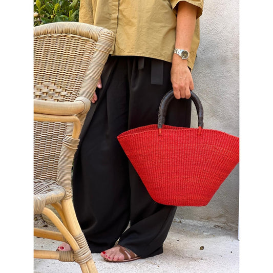 Panier Bolga Rouge - Anse en cuir noir