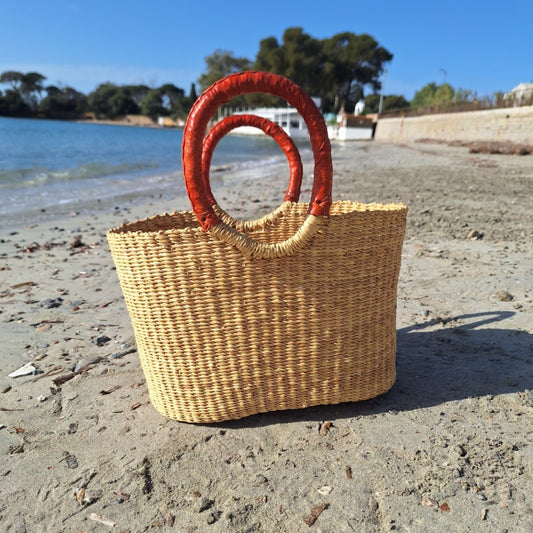 Panier Bolga Africain - Anse en cuir marron