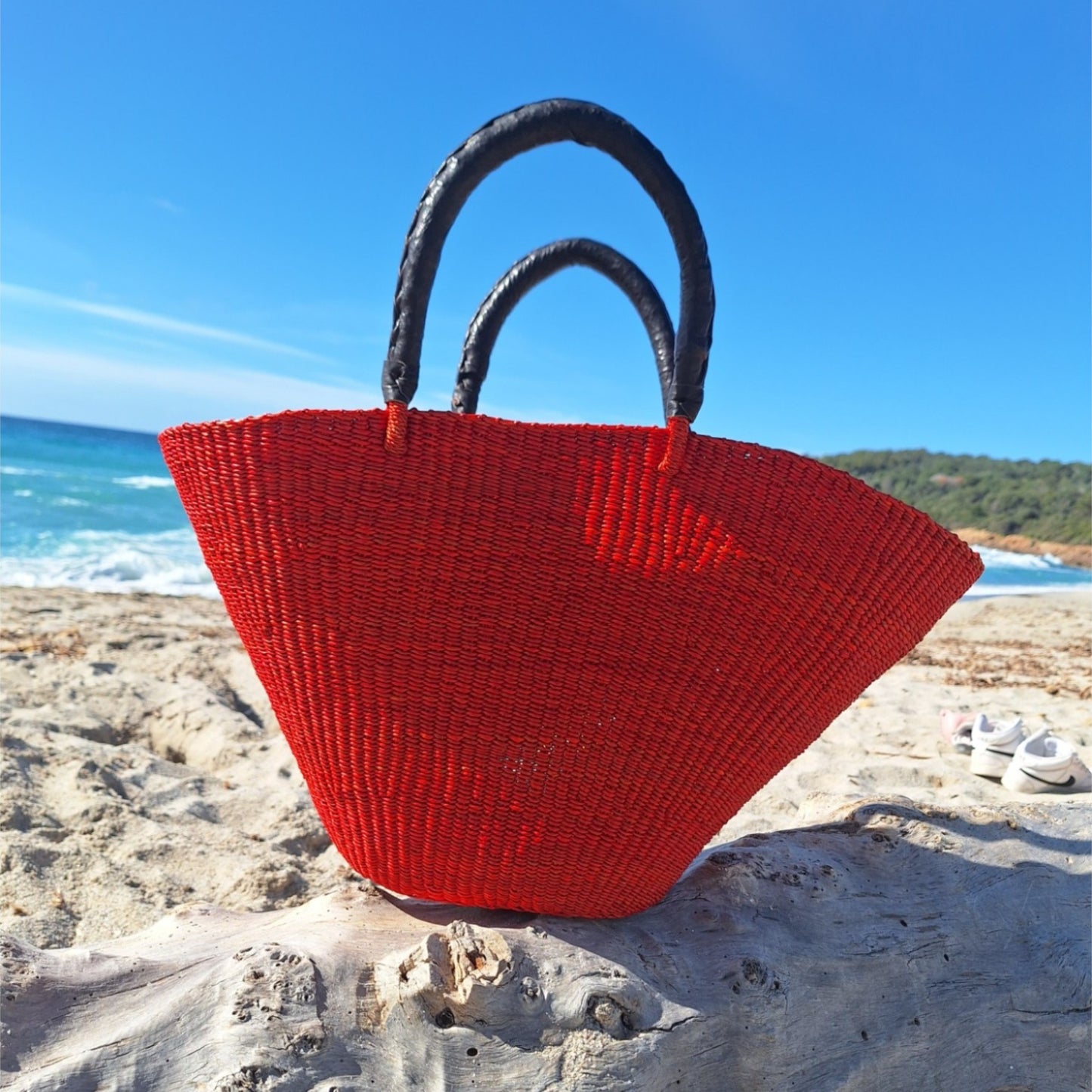 Panier Bolga Rouge - Anse en cuir noir