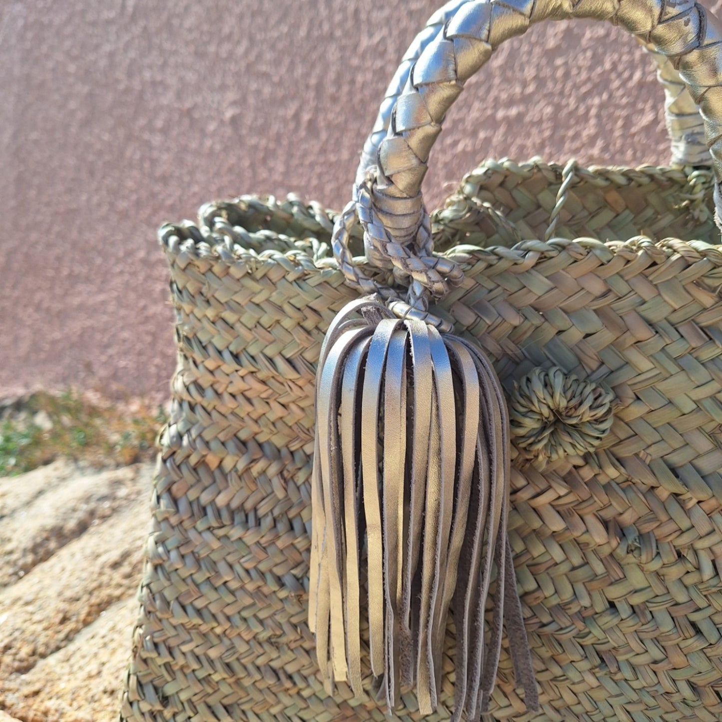 Panier Capo Di Feno - Anse et pompon en cuir argenté