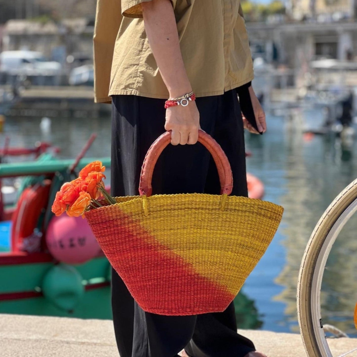 Panier Bolga africain - Anse en cuir marron -30%