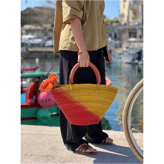 Panier Bolga africain - Anse en cuir marron