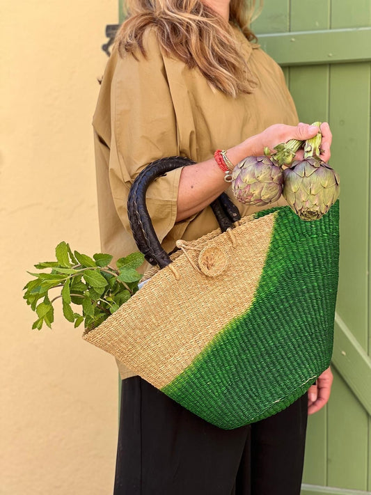 Panier Bolga vert - Anse en cuir noir  -30%
