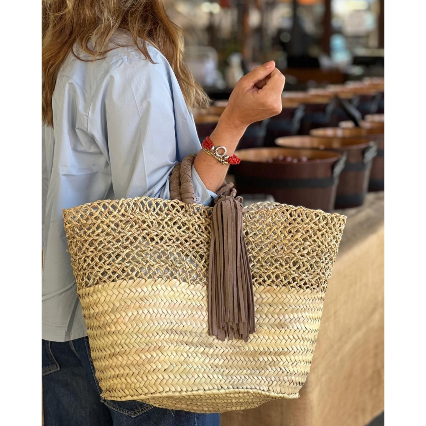 Panier Saint Tropez - Anse et pompon en daim marron
