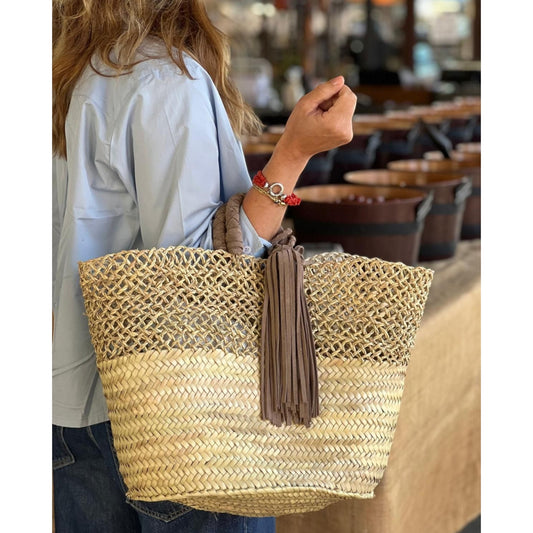 Panier Saint Tropez - Anse et pompon en daim marron