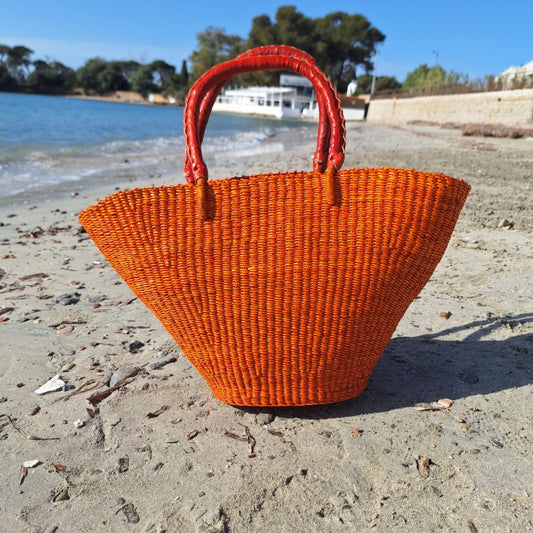 Panier Bolga Orange Africain - Anse en cuir marron