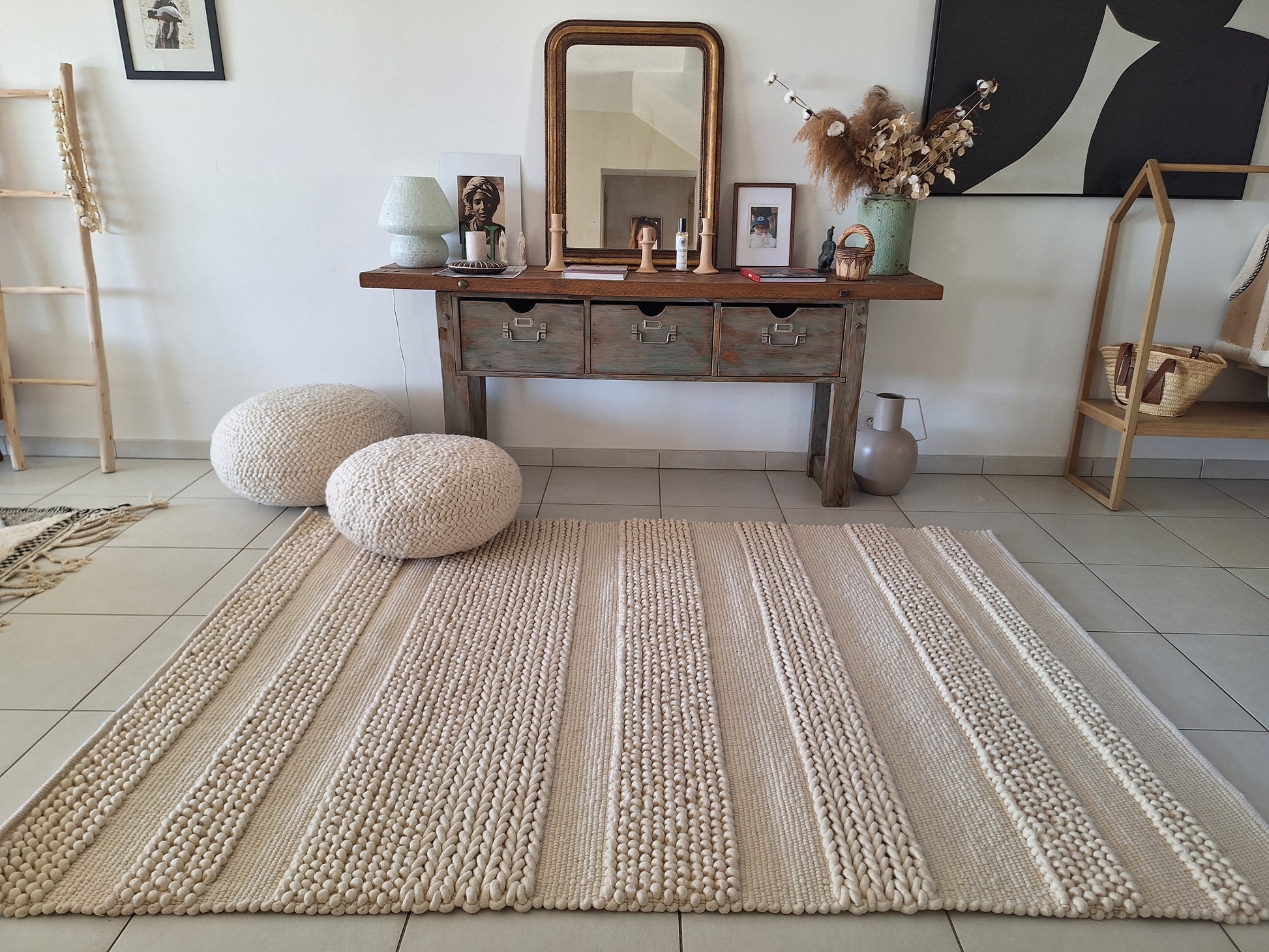 Tapis tressé boules en laine naturelle