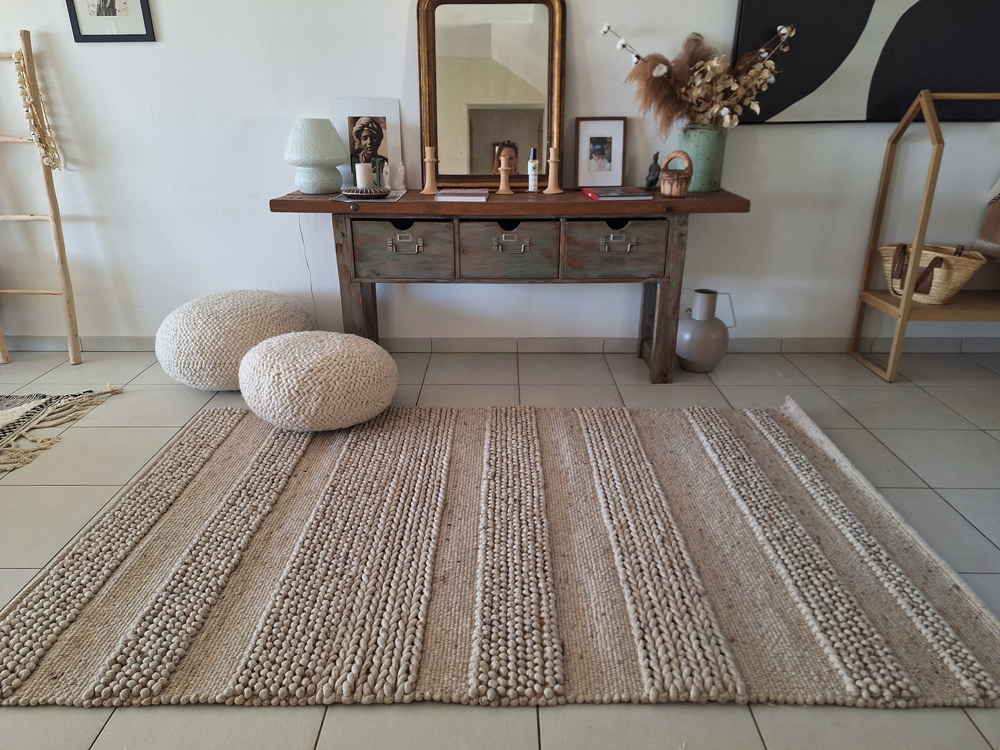 Tapis Boules / Tressé en laine Taupe  2m50 x 1m50