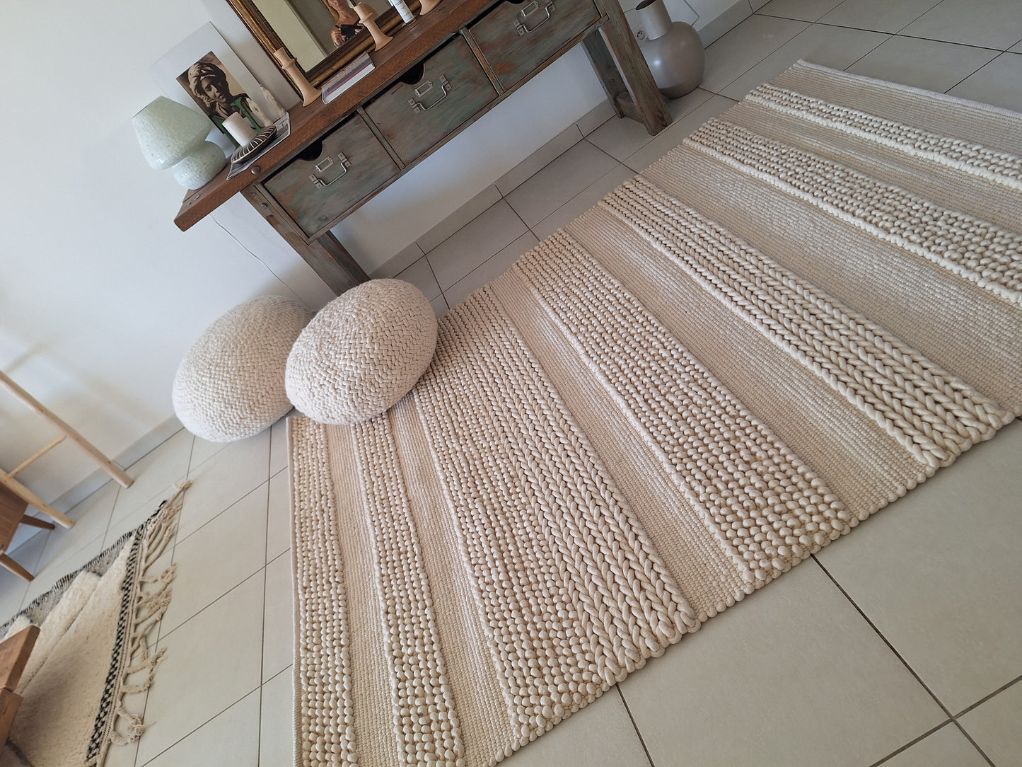 Tapis Boules / Tressé en laine écru  2m40 x 1m70