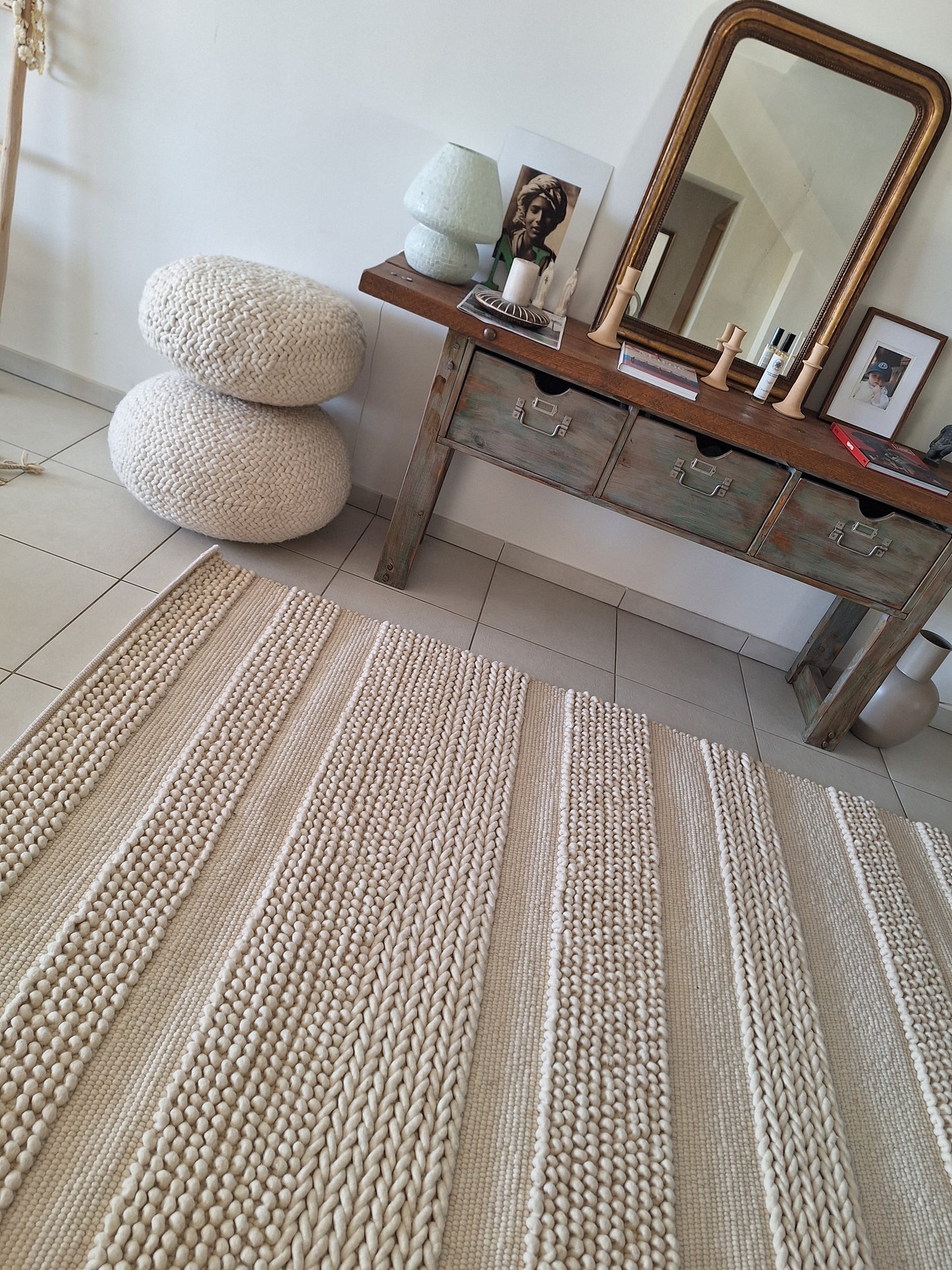 Tapis Boules / Tressé en laine écru  2m40 x 1m70