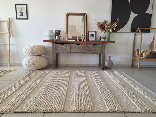 Tapis Boules / Tressé en laine écru  2m40 x 1m70