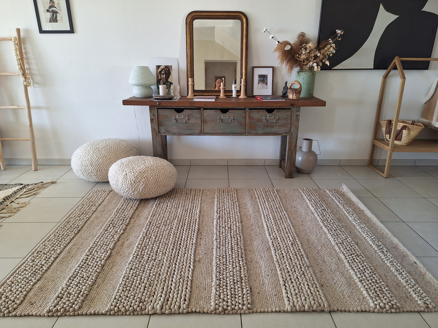 Tapis Boules / Tressé en laine Taupe  2m50 x 1m50